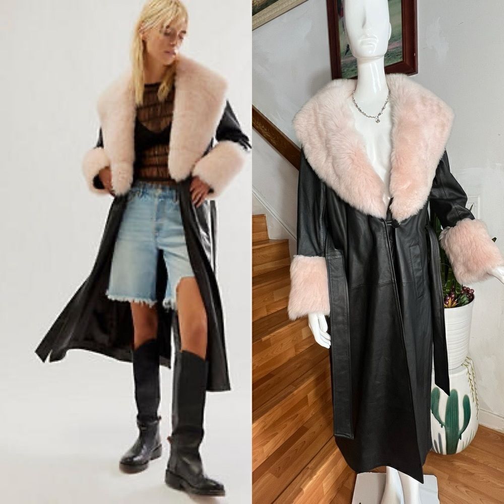 Free People Black Leather Trench Coat with Pale Pink Faux Fur Trim